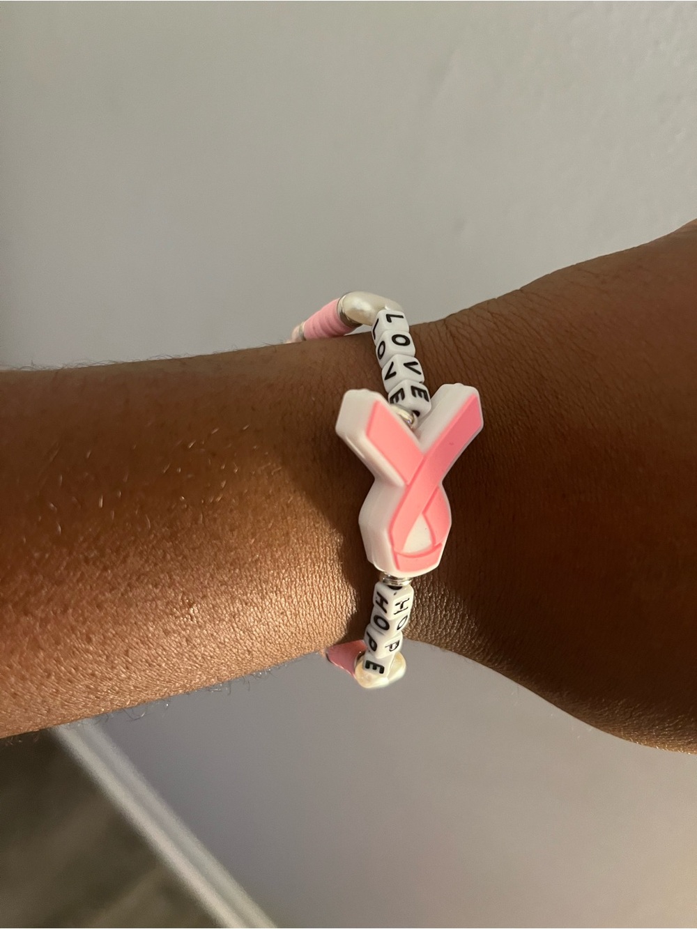 Pink Ribbon Beaded Stretch Bracelet with 'LOVE' & 'HOPE' Letter Beads